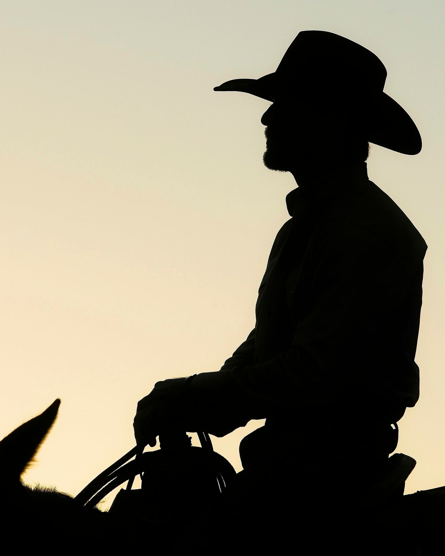 Silhouette of a cowboy wearing a hat against a sunset sky while sitting on horseback.