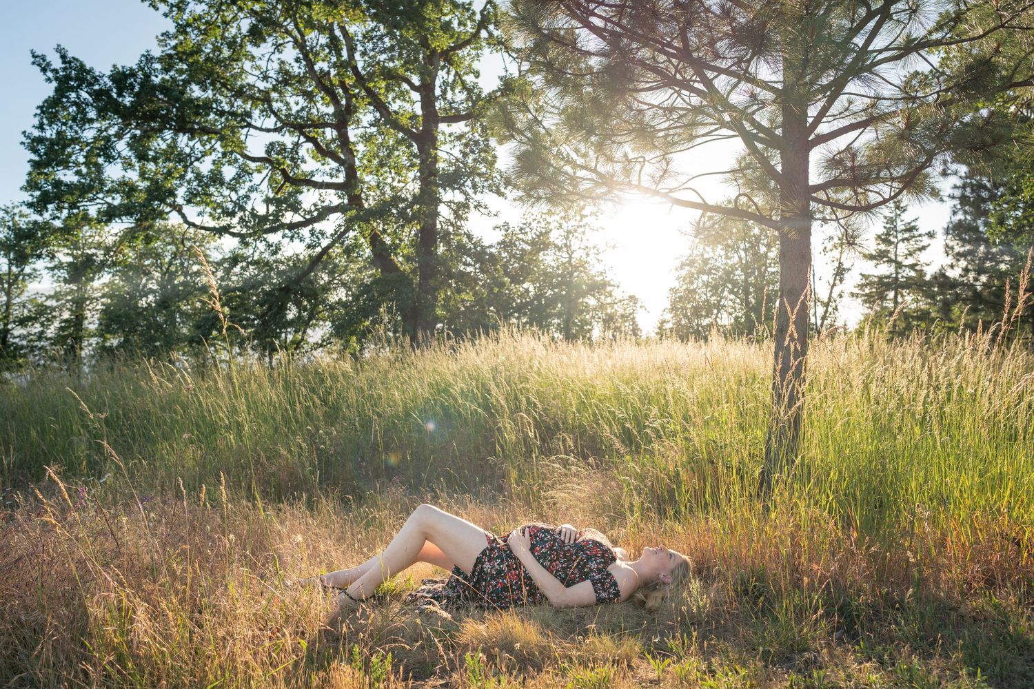 Peaceful maternity photo in grassy Oregon meadow, golden hour light, Portland metro outdoor maternity session.