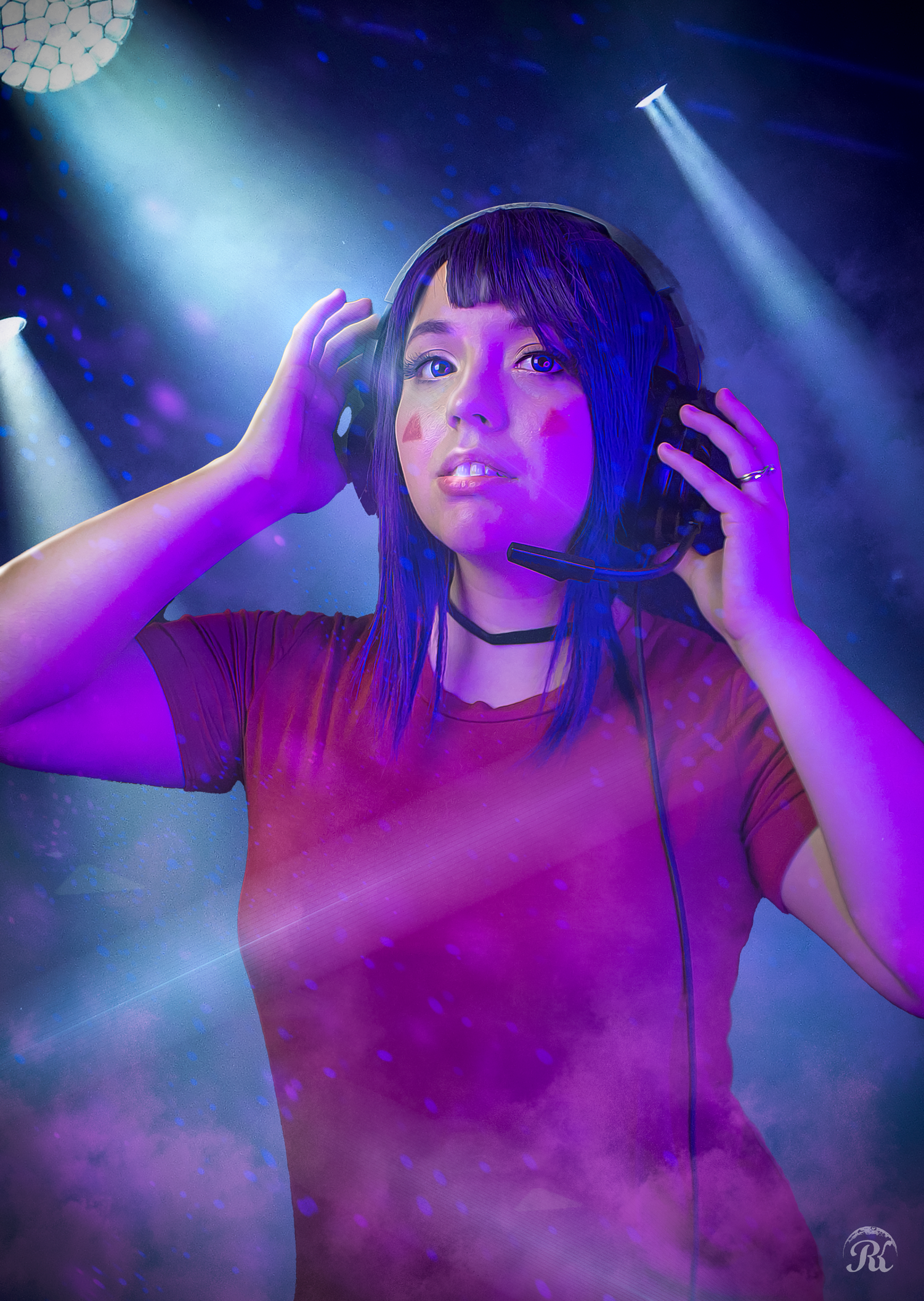 DJ portrait with headphones in neon-lit nightclub setting.