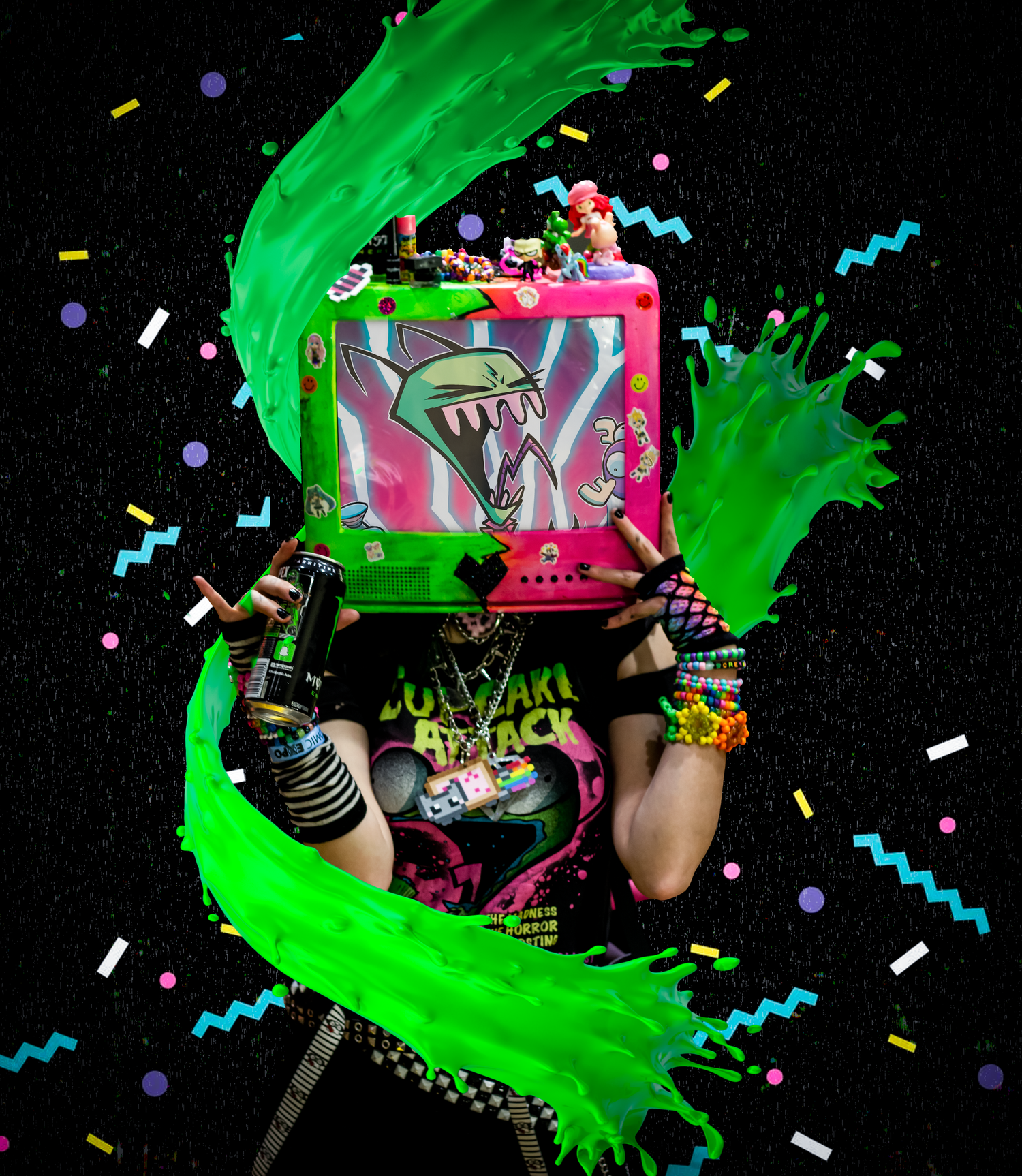 Abstract gaming setup with green splashes and confetti on black background.