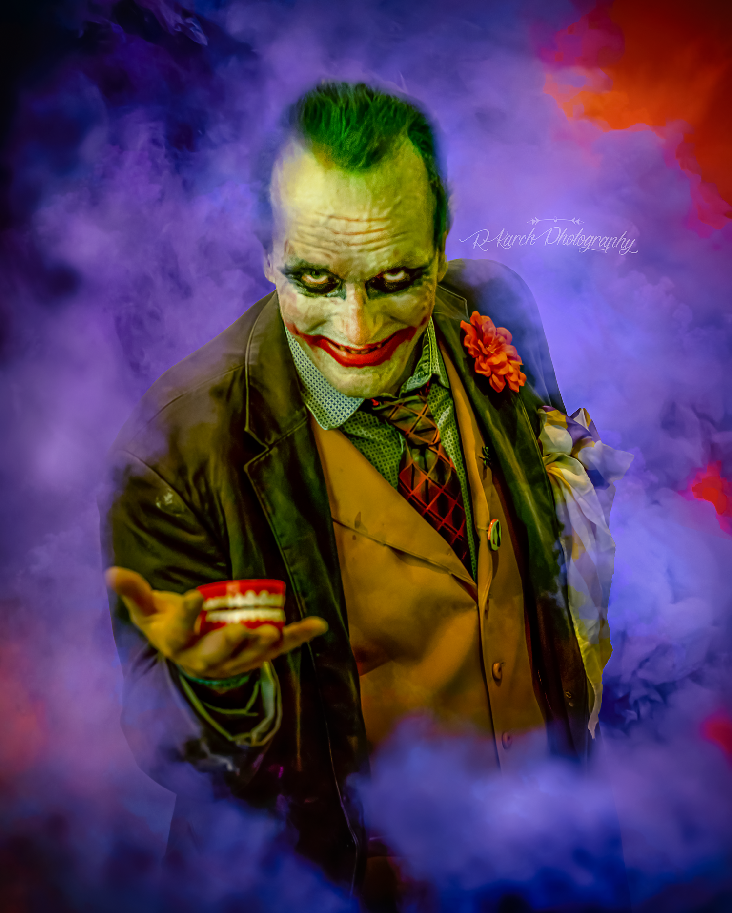 Dramatic villain portrait with green hair and creepy smile in purple smoke.