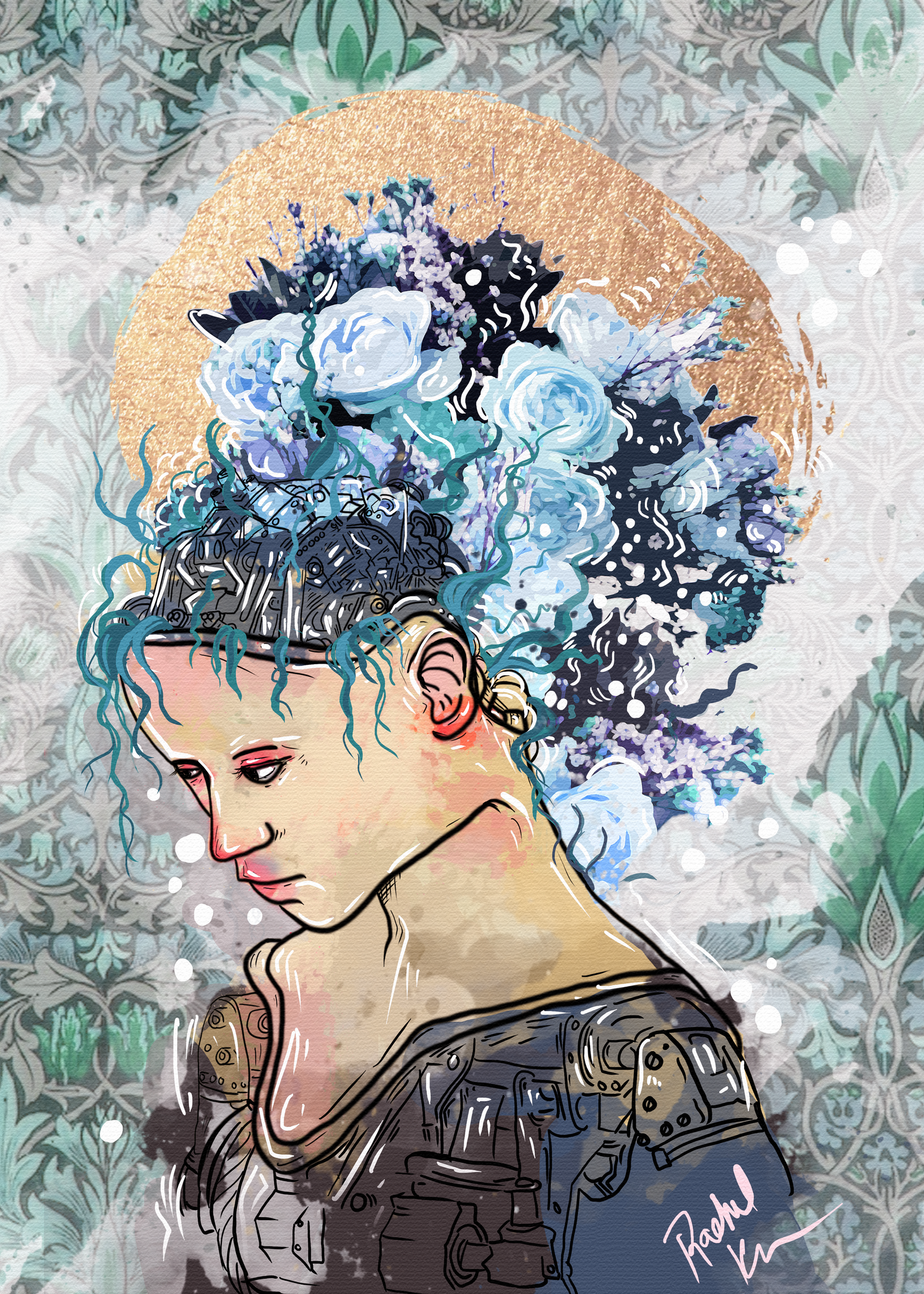 Digital art portrait with blue flowers and curly hair in an ethereal style.