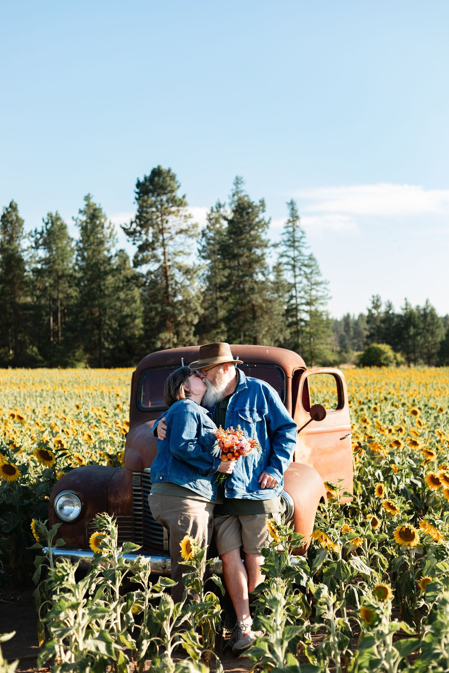 Person in denim leaning against vintage rusty truck in sunflower field.