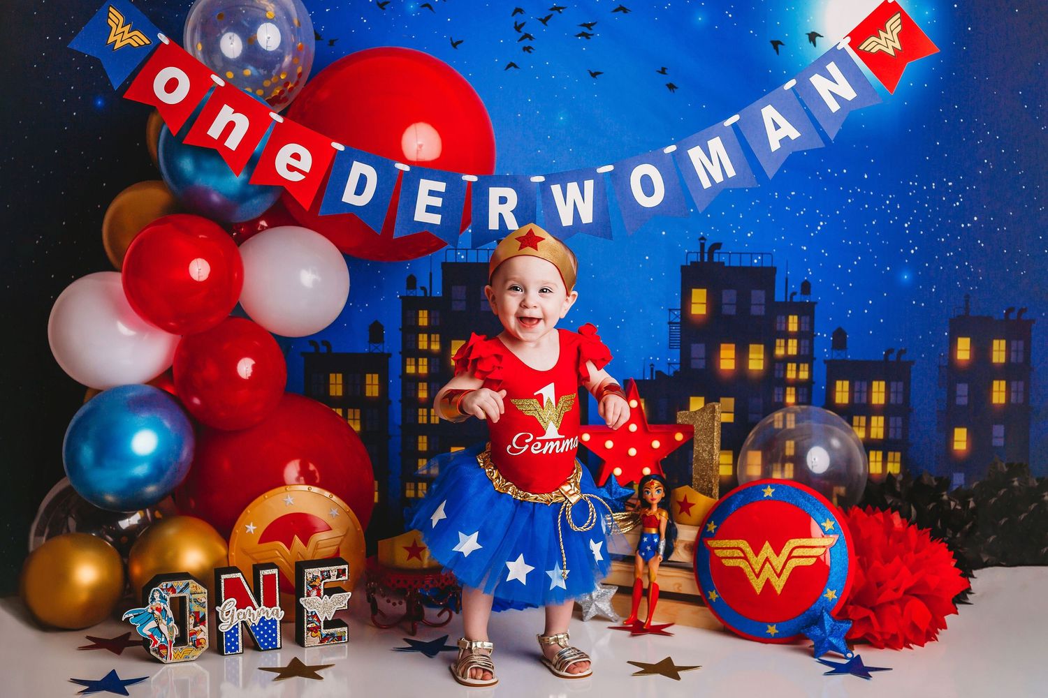 Tampa Baby Photographer- Tampa cake smash baby photographer-Wonder Woman Cake Smash