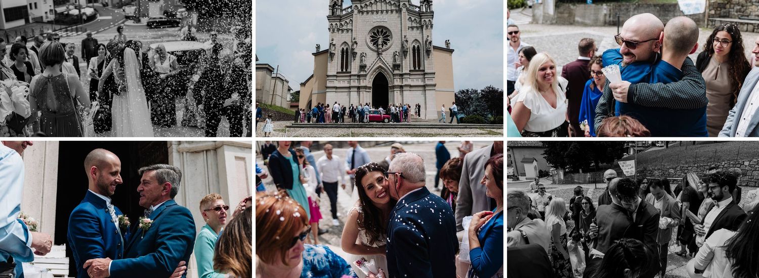 Wedding guests gather outside a historic church to congratulate the newlyweds after their ceremony.