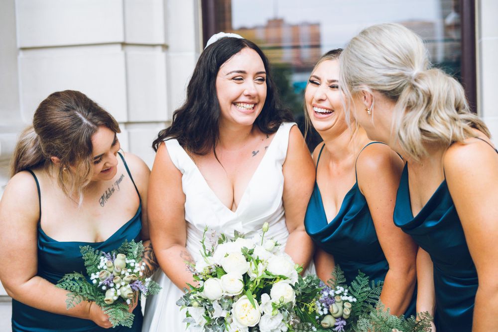 Sophie with her bridesmaids outside Parliament Building in Melbourne, Australia