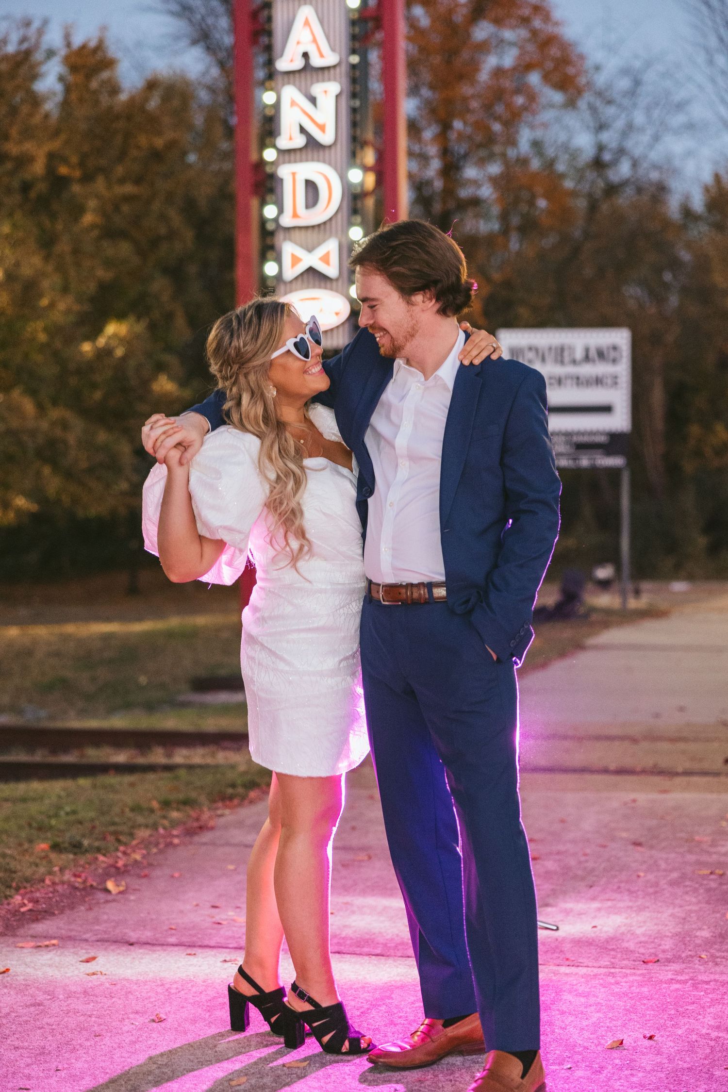nighttime engagement session direct flash photography lifestyle Richmond Virginia Bowtie cinema Soctt's addition