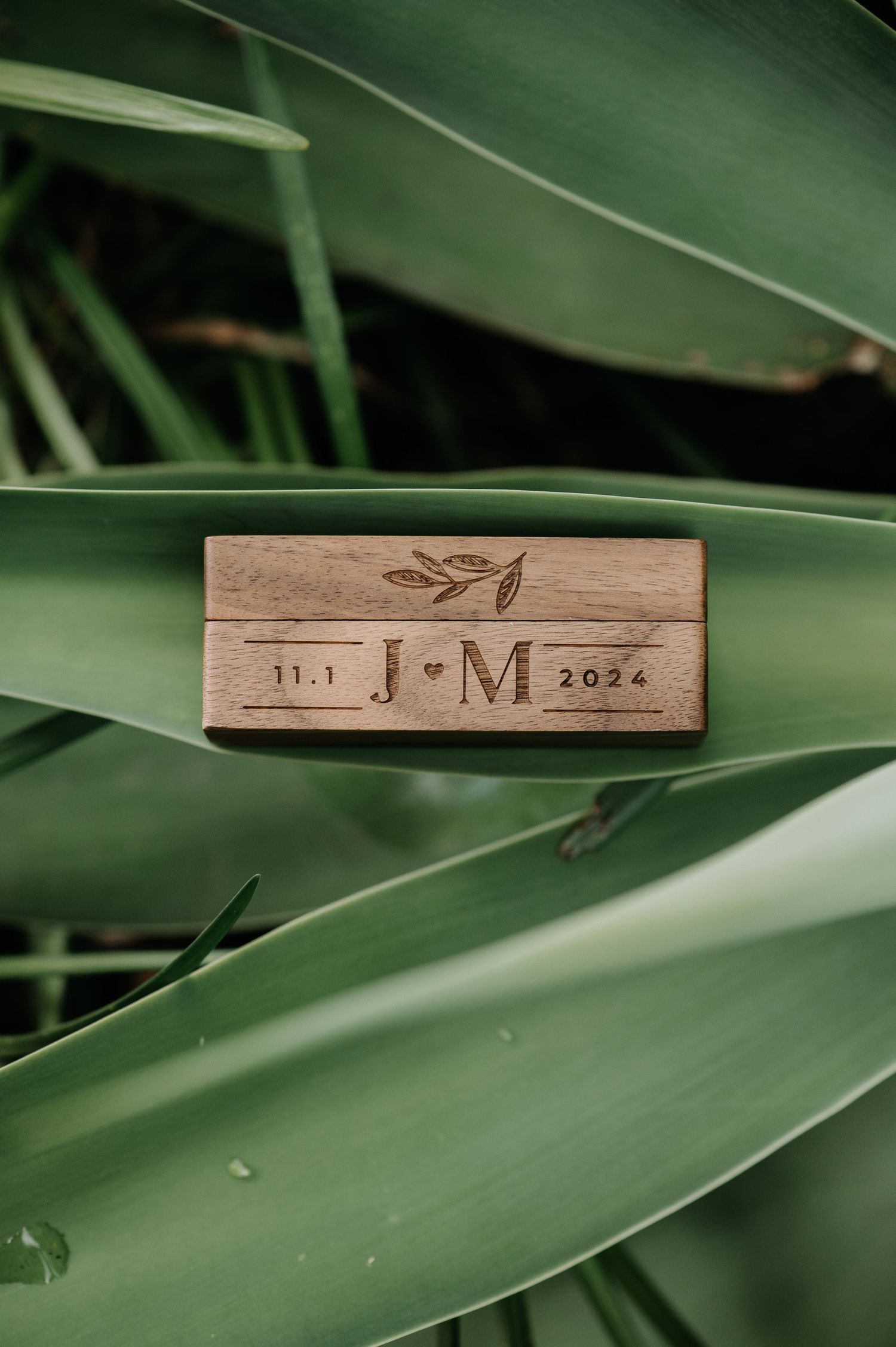 Wooden wedding ring box with initials J+M and date 2024 nestled among green leaves.