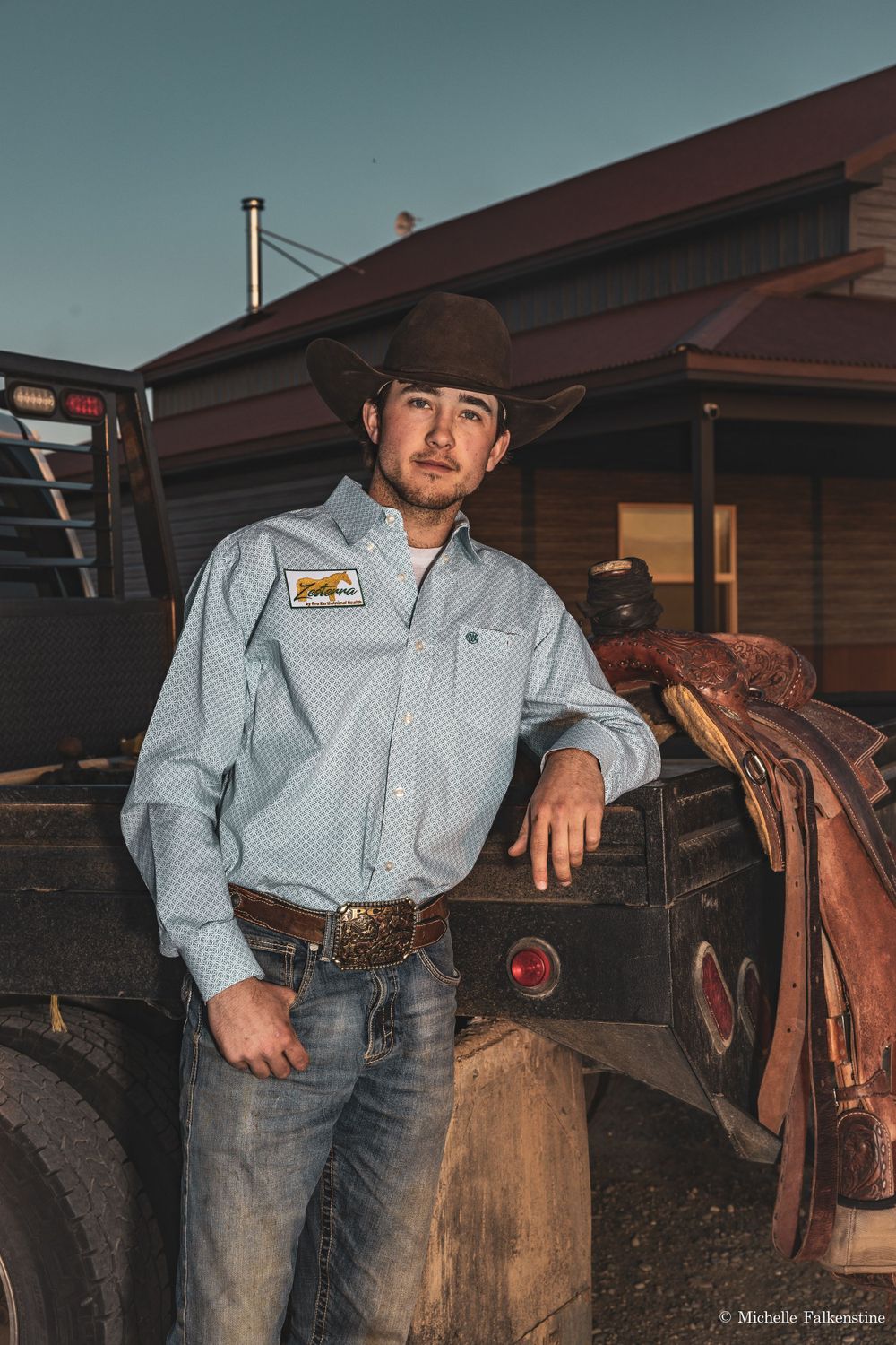 A western-style portrait series against wooden buildings showing ranch attire and traditional cowboy gear.