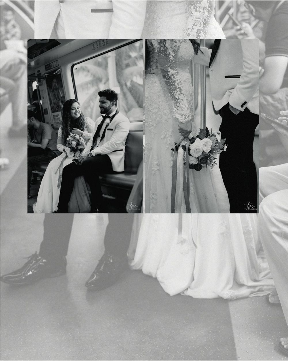 Black and white wedding photos showing dancing and celebration moments in an indoor venue.
