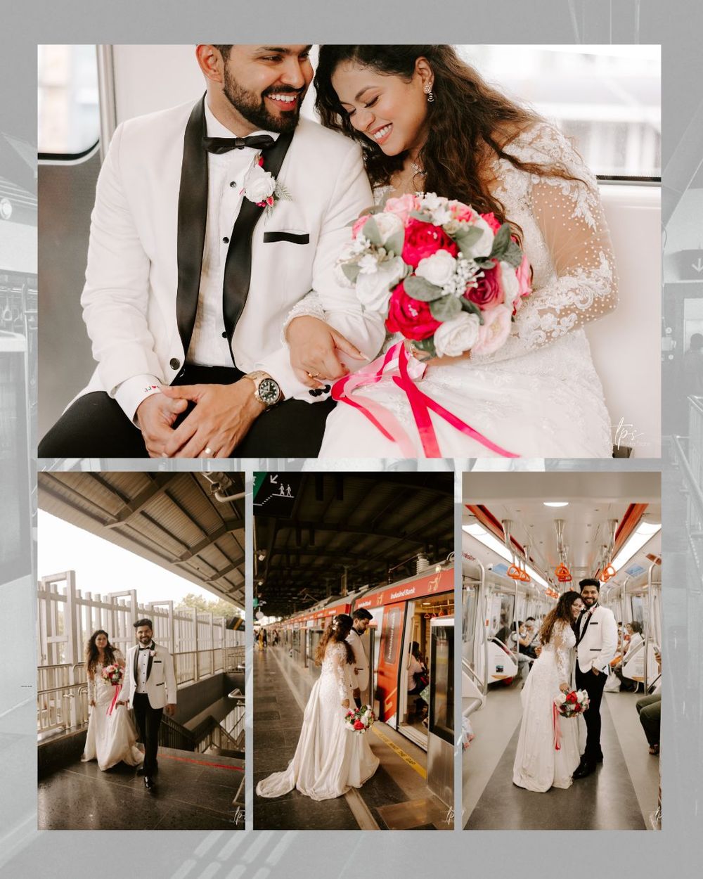 Wedding photo collage showing couple in white attire posing in various indoor locations with pink accents.