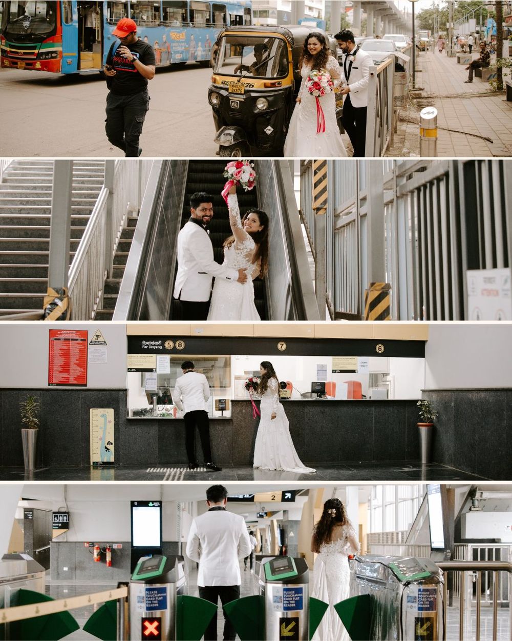 Wedding photo session at a modern transit station with multiple artistic angles and compositions.