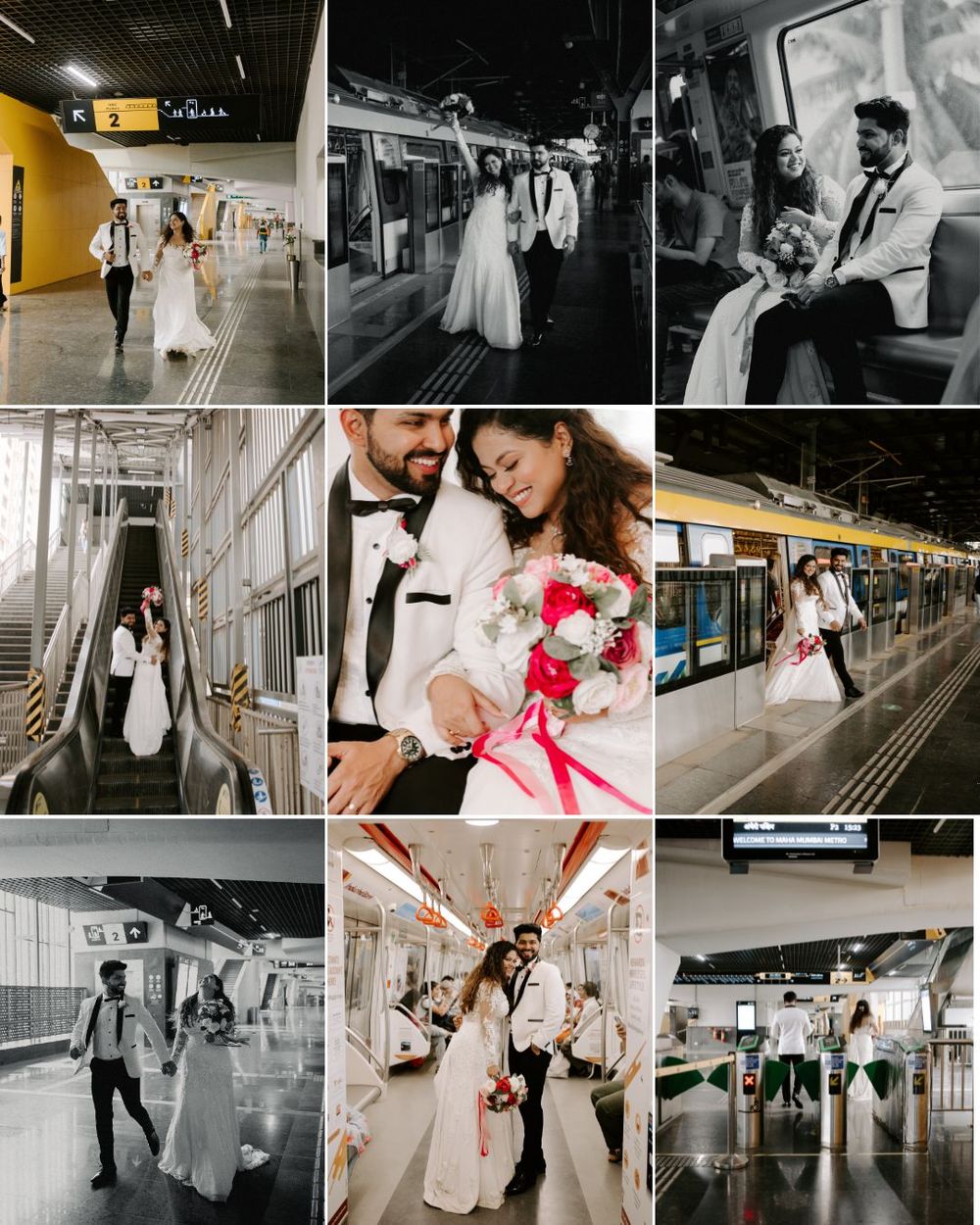 Wedding photoshoot in urban transit setting mixing color and black-and-white shots with pink floral accents.