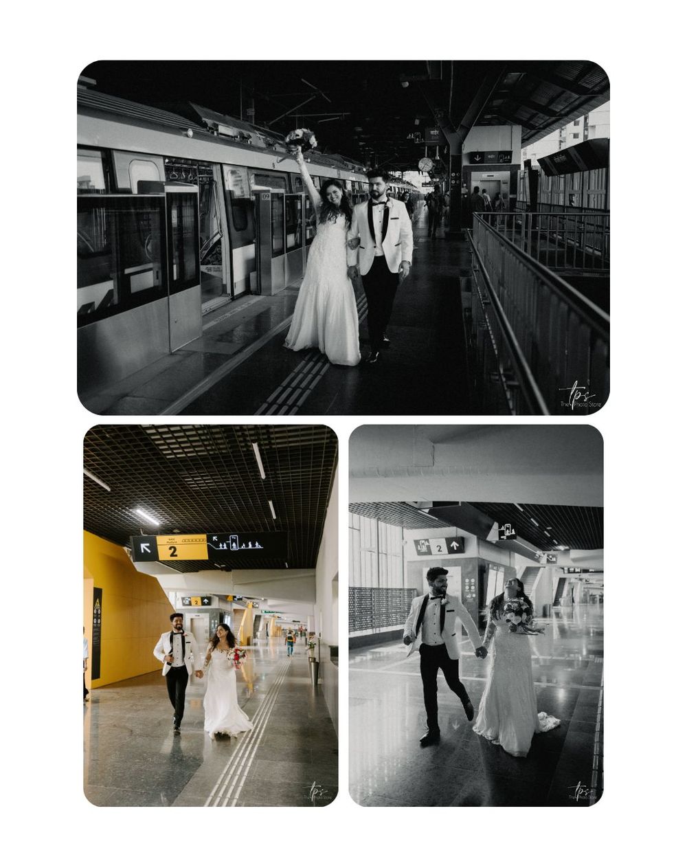 Black and white wedding photography series taken at a modern train station platform.