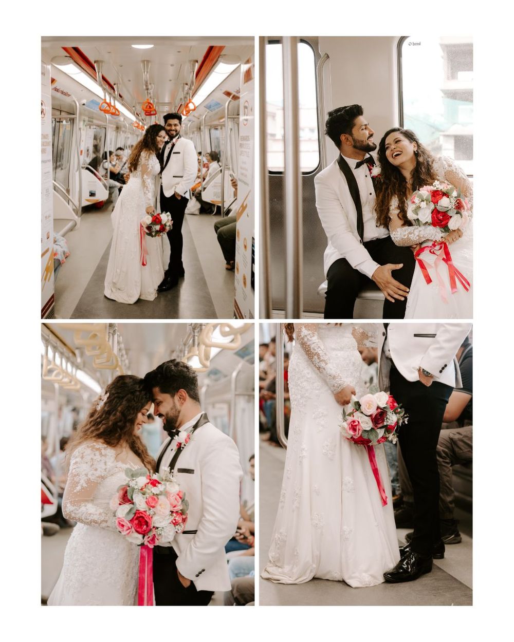 Romantic wedding photoshoot featuring a couple in white attire with pink floral bouquet in an indoor setting.