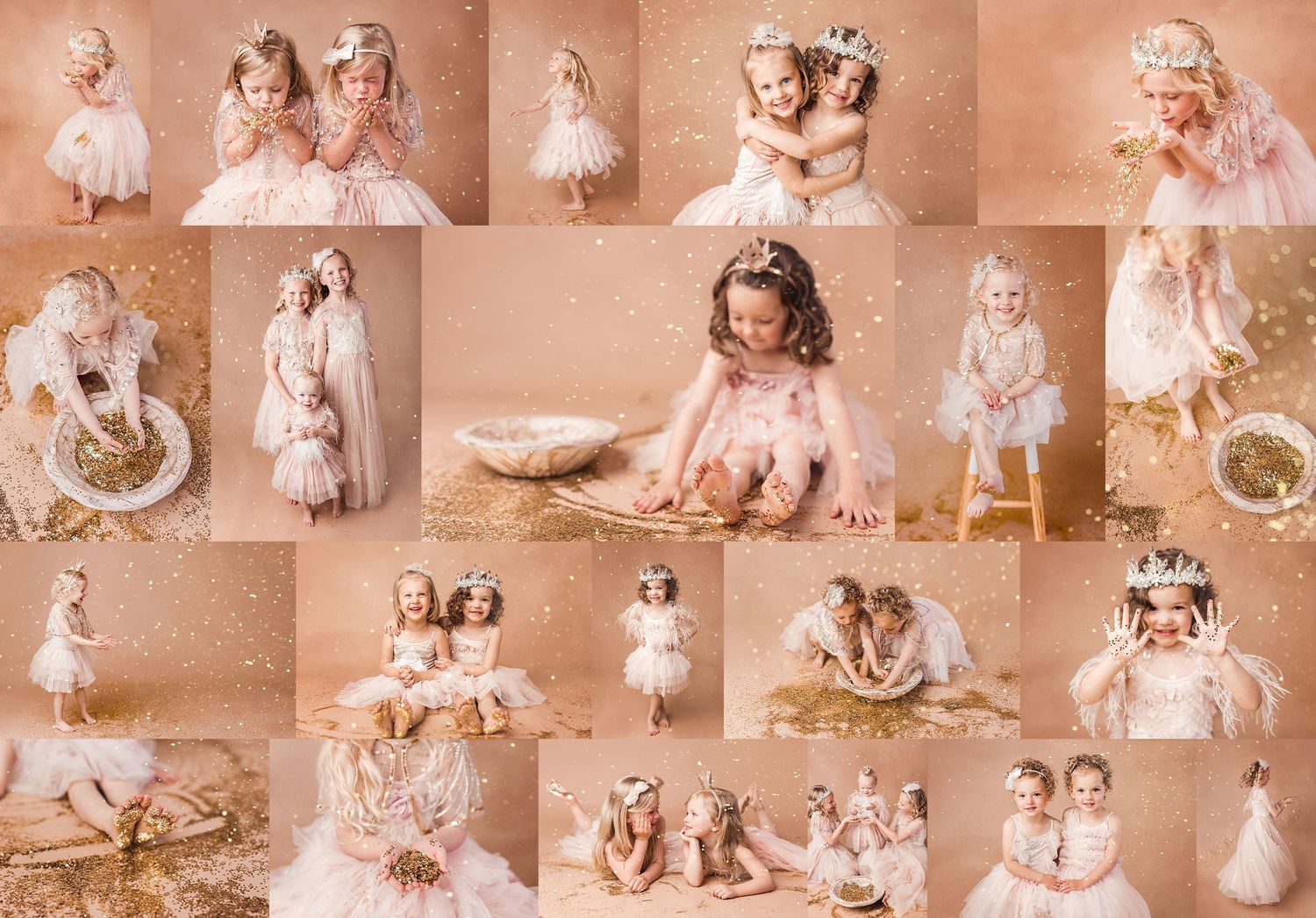 lots of little girls in beige princess dresses and tiaras playing with glitter