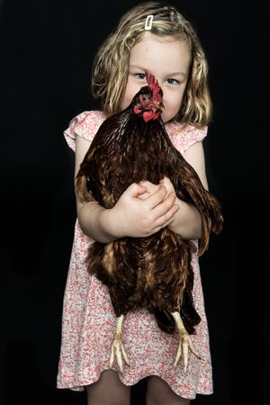 Young child in floral dress hugging brown chicken in series of playful portraits.