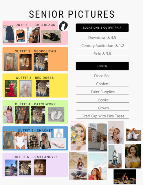 Senior photo outfit and location guide showing style categories and shooting spots.