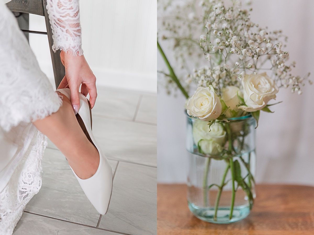 Wedding images of bride putting on shoes and flower details