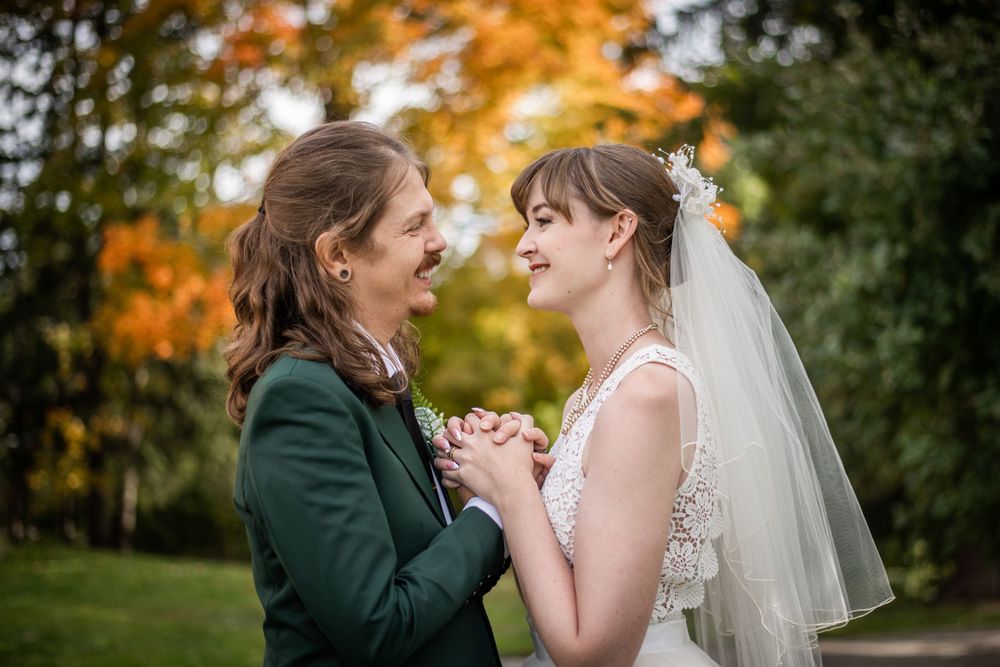 bride and groom close up outdoor fall autumn wedding photo in acton ontario