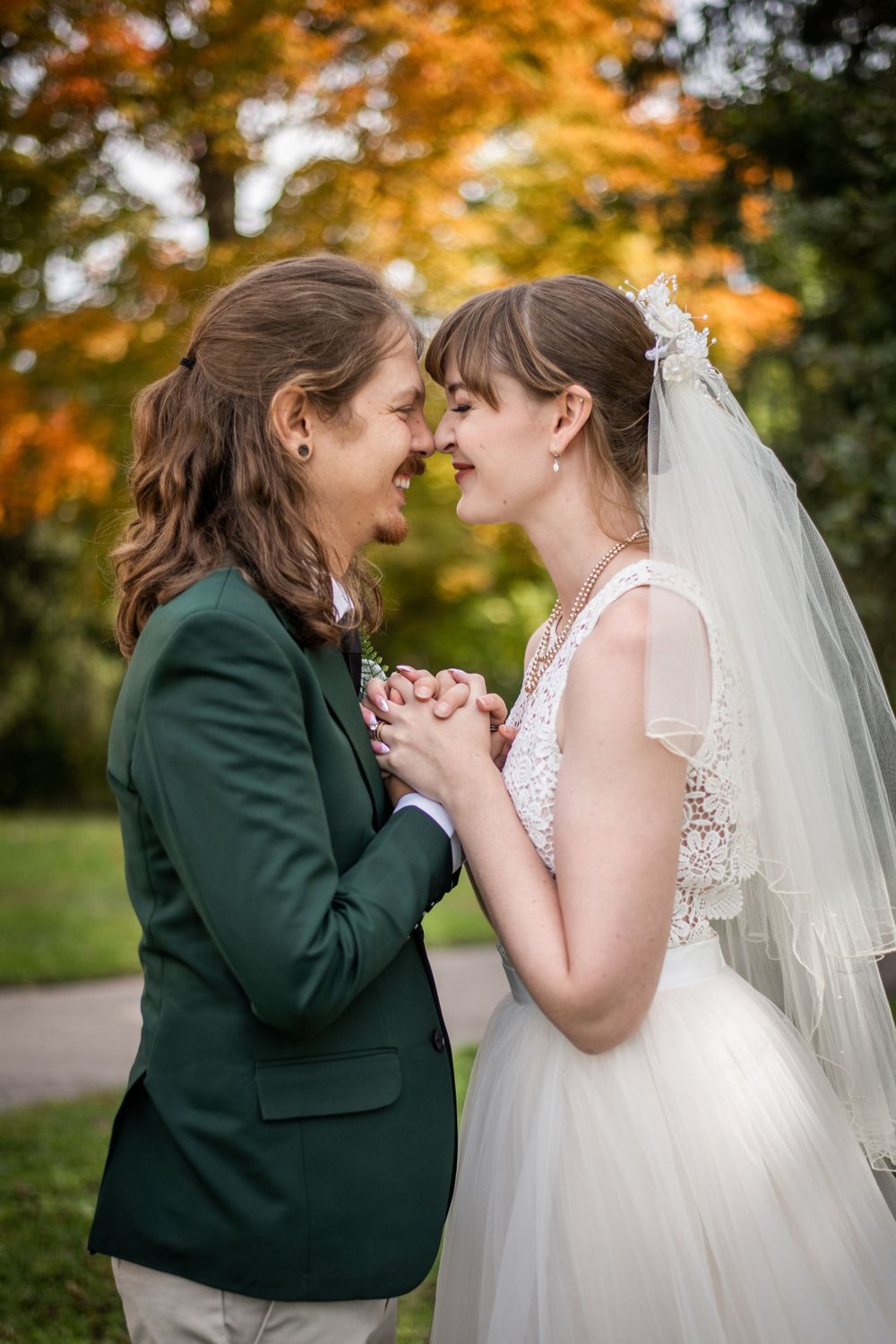 bride and groom close up outdoor fall autumn wedding photo in acton ontario