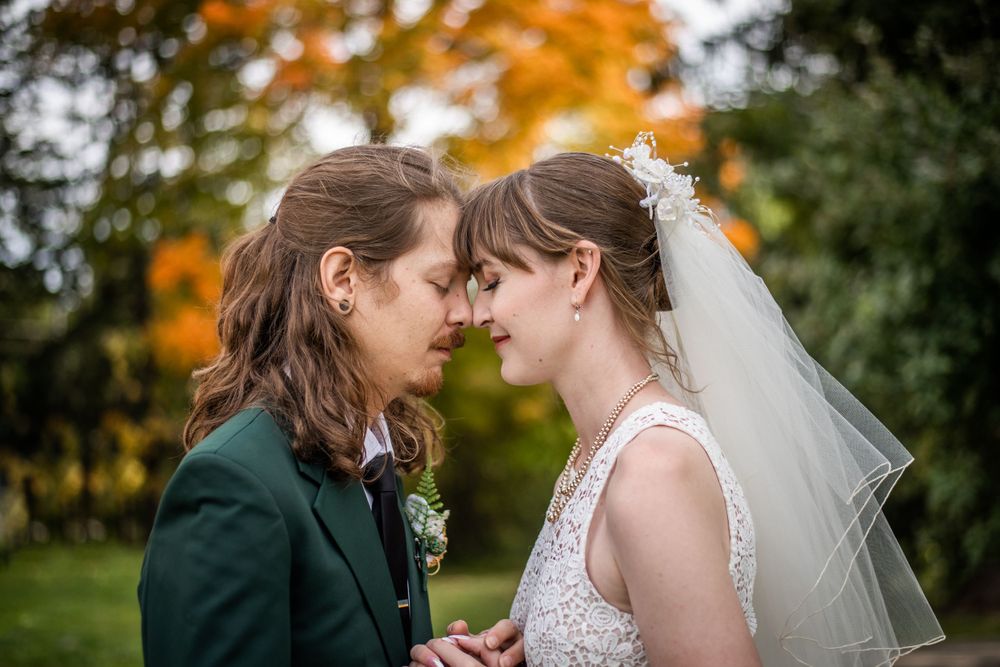 bride and groom close up outdoor fall autumn wedding photo in acton ontario