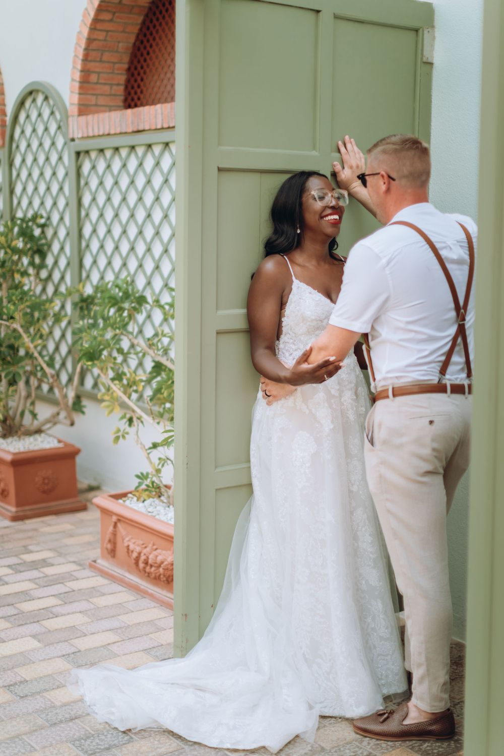 Bride and groom having an intimete moment during their wedding at Iberostar Selection Anthelia in Tenerife.