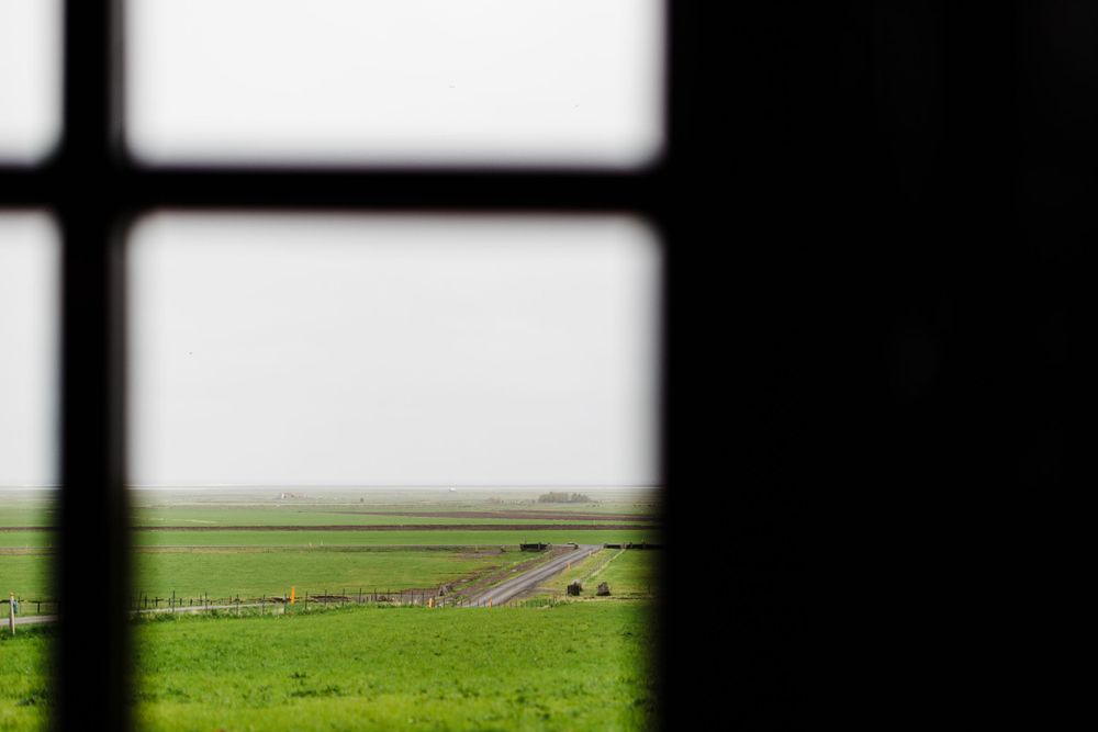 A scenic rural road stretches into the distance, viewed through a window frame.