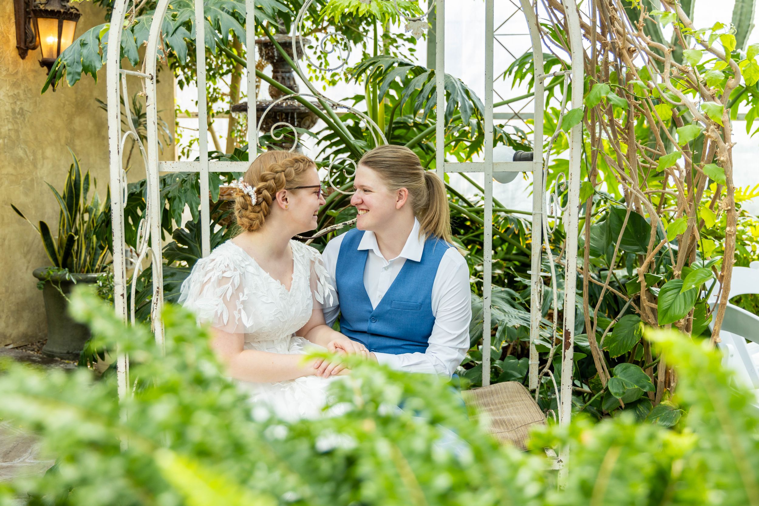 A couple smiling at Le Jardin