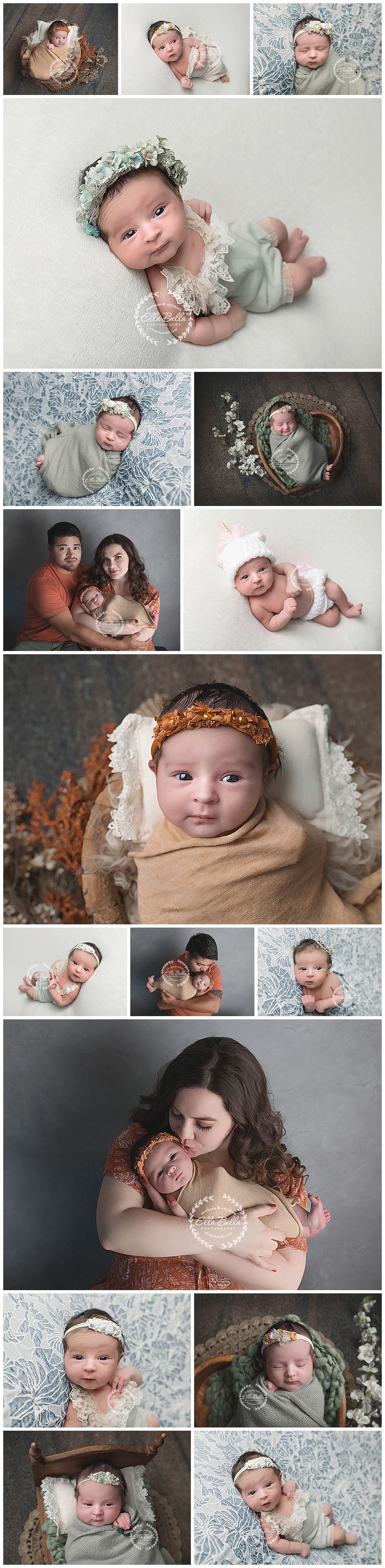 Collection of professional baby portraits in mint and neutral tones with floral accents and family moments.