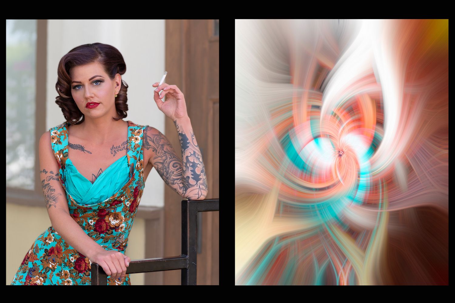 Split image showing vintage fashion and abstract swirling turquoise pattern.