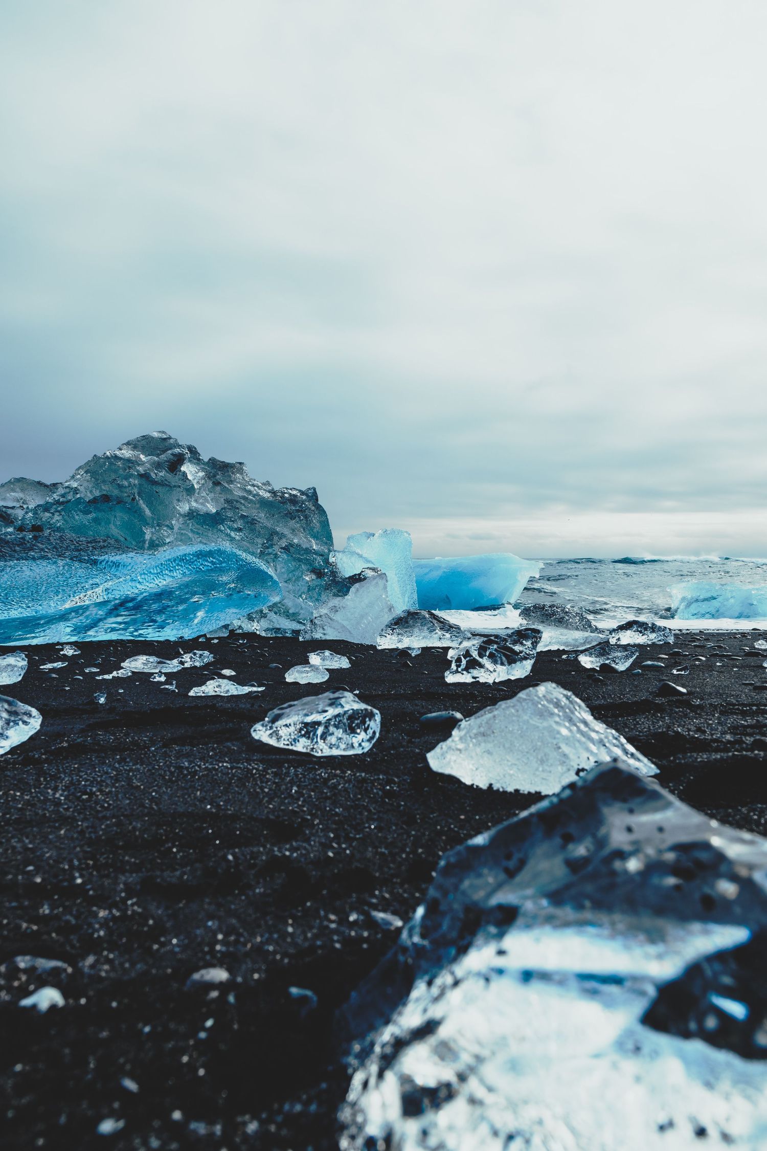 Crystalized ice formations on Diamond Beach in Iceland.