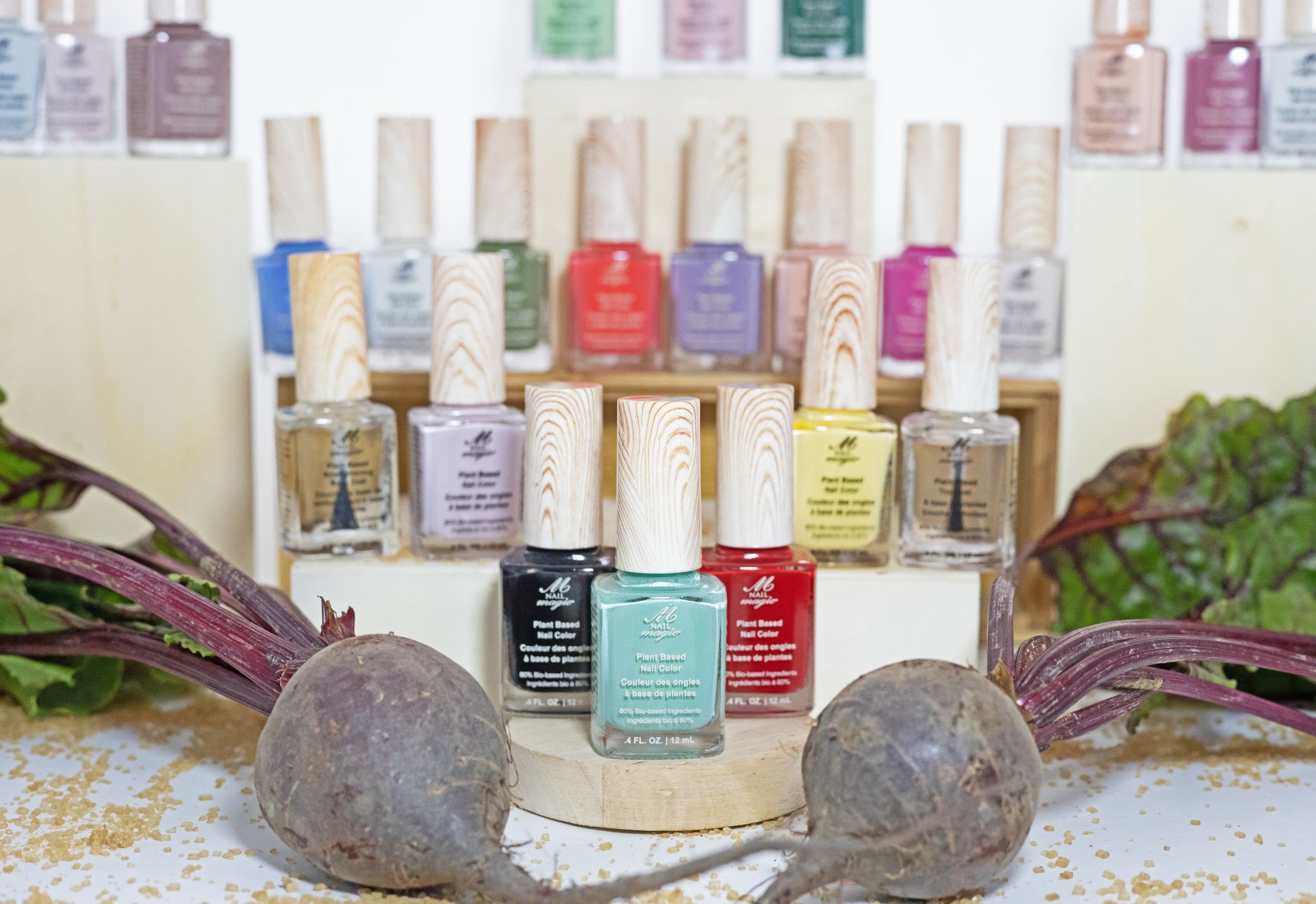 Colorful array of nail polish bottles displayed with natural elements and decorative stones.
