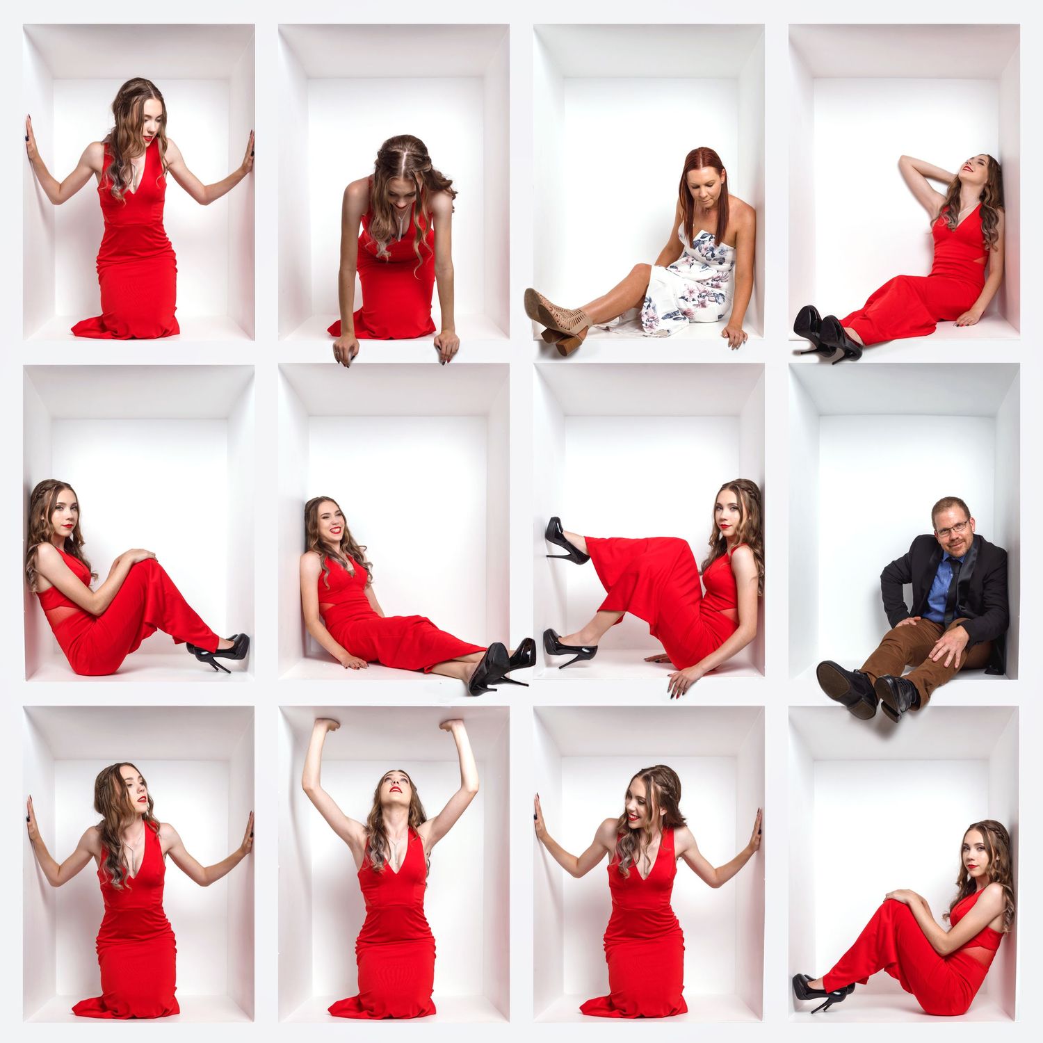 Series of dynamic poses of woman in red dress photographed in white cube studio setting.