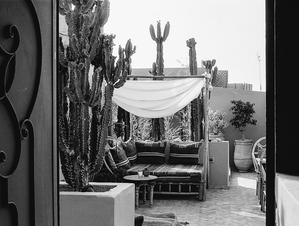 35mm film Morocco riad rooftop black and white