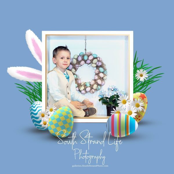 Easter themed photo frame with decorative eggs, flowers and bunny ears on blue background.