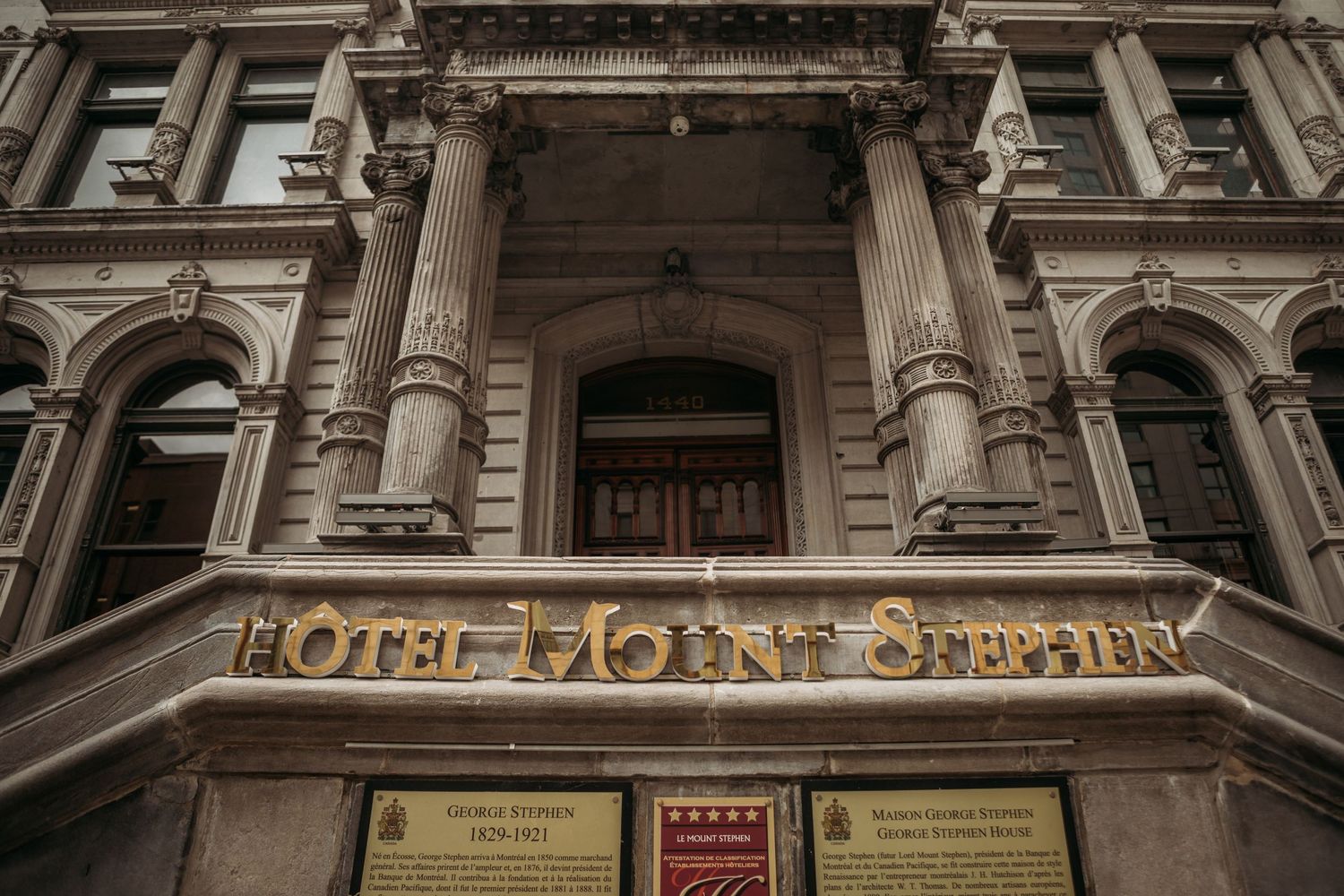 Historic Hotel Mount Stephen facade with ornate architectural details and signage.