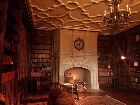 Elegant library room with ornate ceiling, built-in bookshelves and stone fireplace.