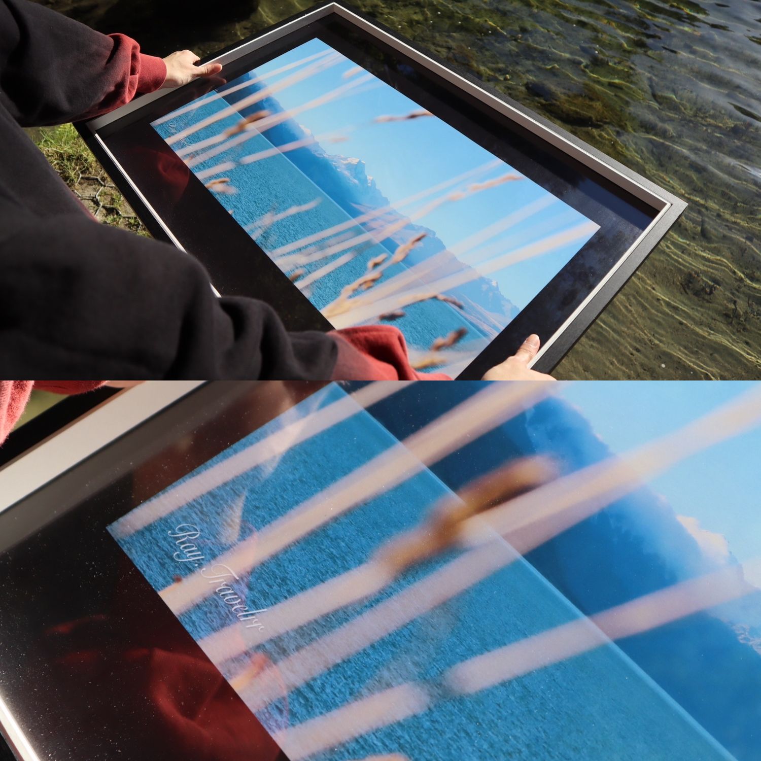 Person using a digital tablet to draw or edit artwork near water.