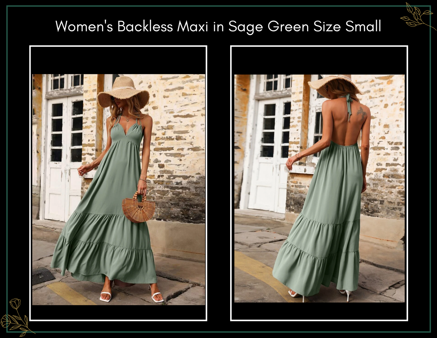 A women's backless sage green maxi dress in size small shown from front and back views.