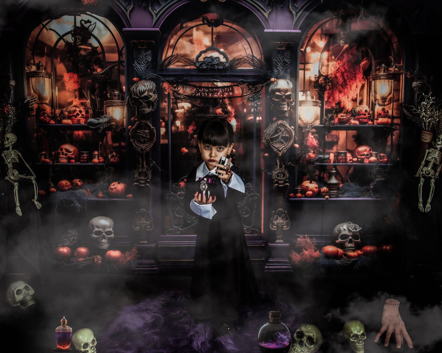 Dark gothic Halloween scene with pumpkins, skeletons and dramatic red lighting effects.