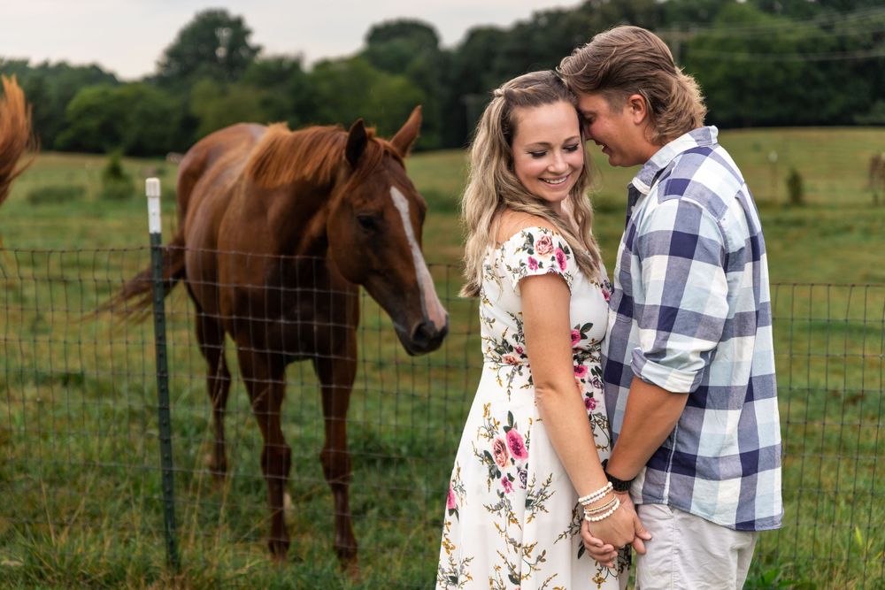 A couple shares a romantic moment in a field with a brown horse visible in the background.