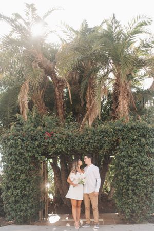 Romantic couples photoshoot in a lush garden setting with palm trees and greenery.