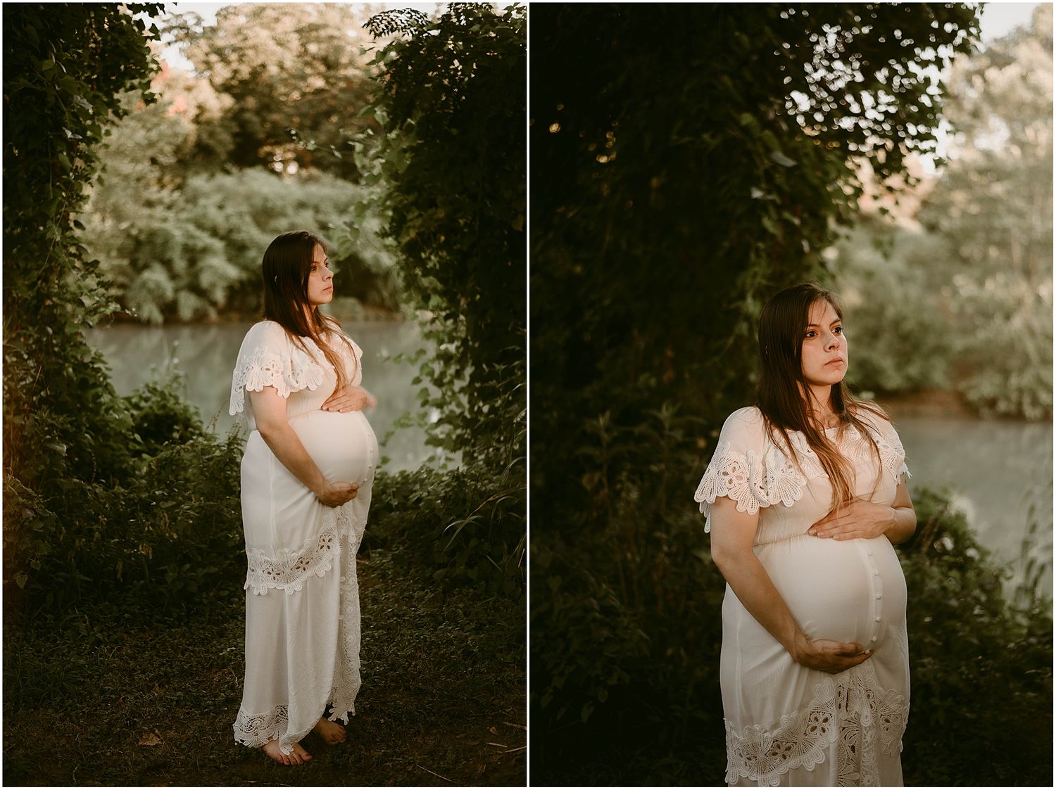 Sunset maternity photos in a natural setting showing two artistic poses in white lace dress.