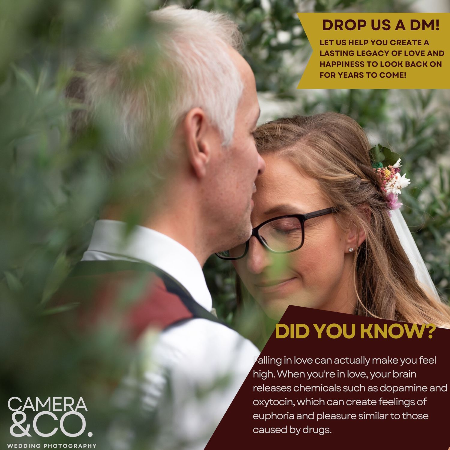 Marketing image showing romantic couple with text overlay about wedding photography.