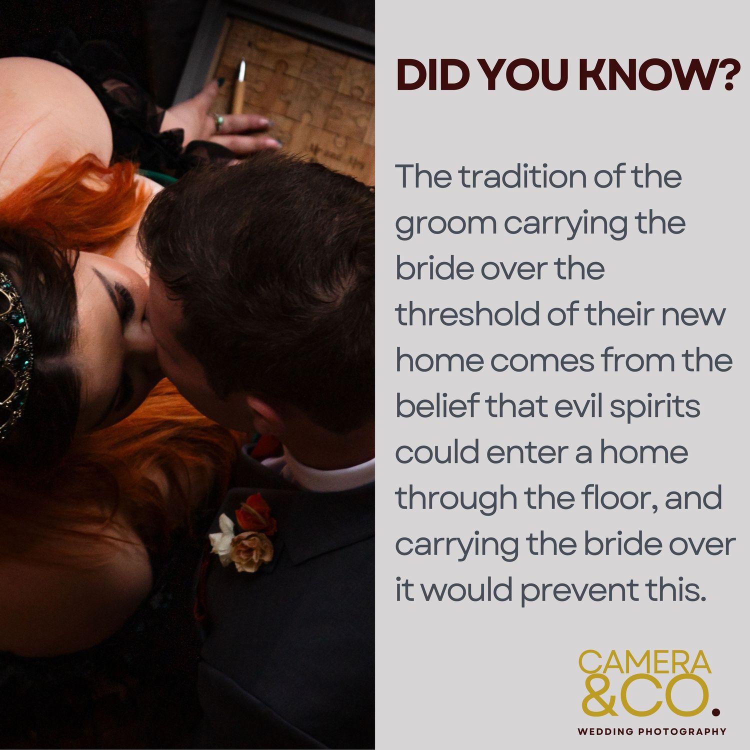 Wedding tradition infographic about carrying the bride over threshold with dark moody background.