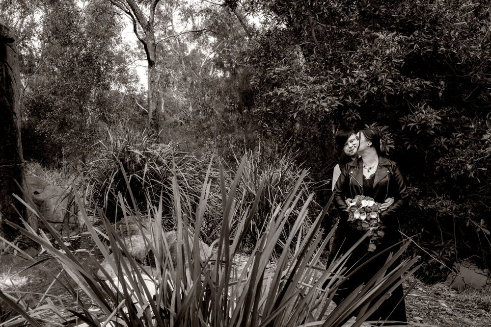 Bride in black dress and groom in black vest in A black and white landscape photo with botanical garden elements in the foreground.