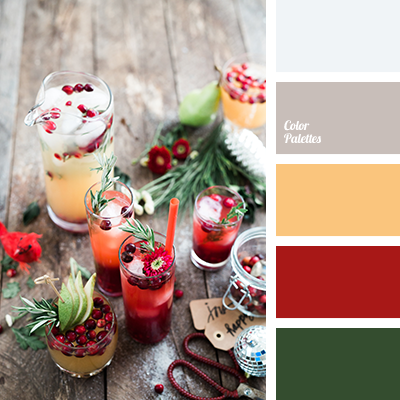 Festive holiday cocktails with cranberries and herbs shown with seasonal color palette swatches.