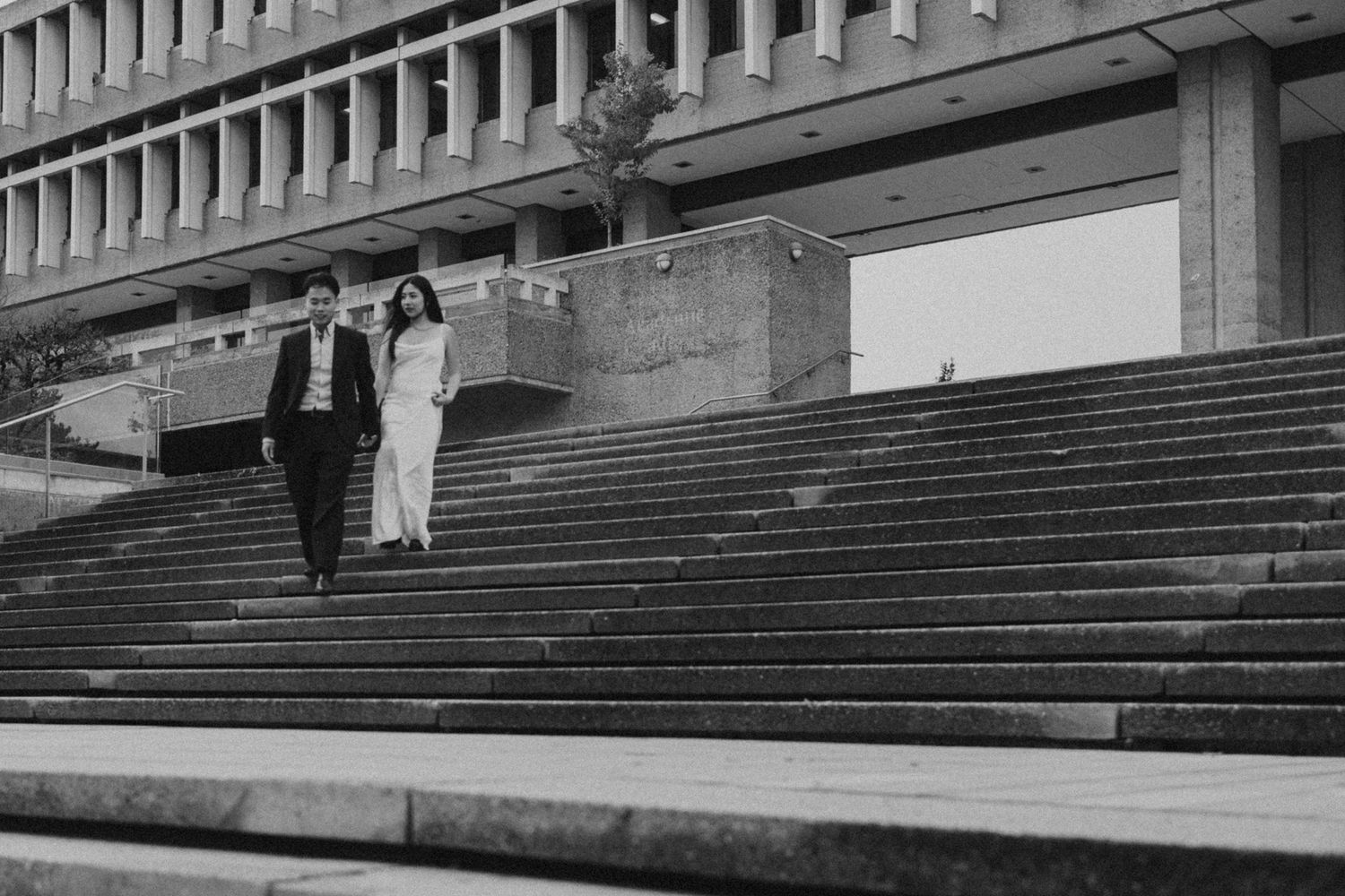 A series of black and white photos showing concrete steps and architectural details.