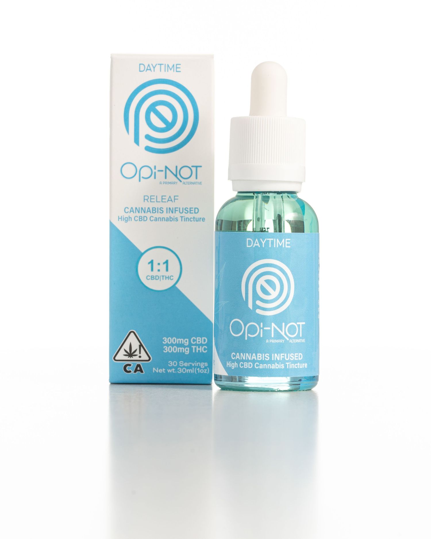 Opi-Not Daytime Releaf 1:1 CBD THC cannabis tincture dropper bottle with box.
